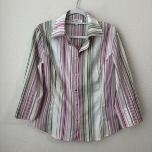 St. John Sport Marie Gray Blouse Top Womens Medium Button Front Stripes Cream